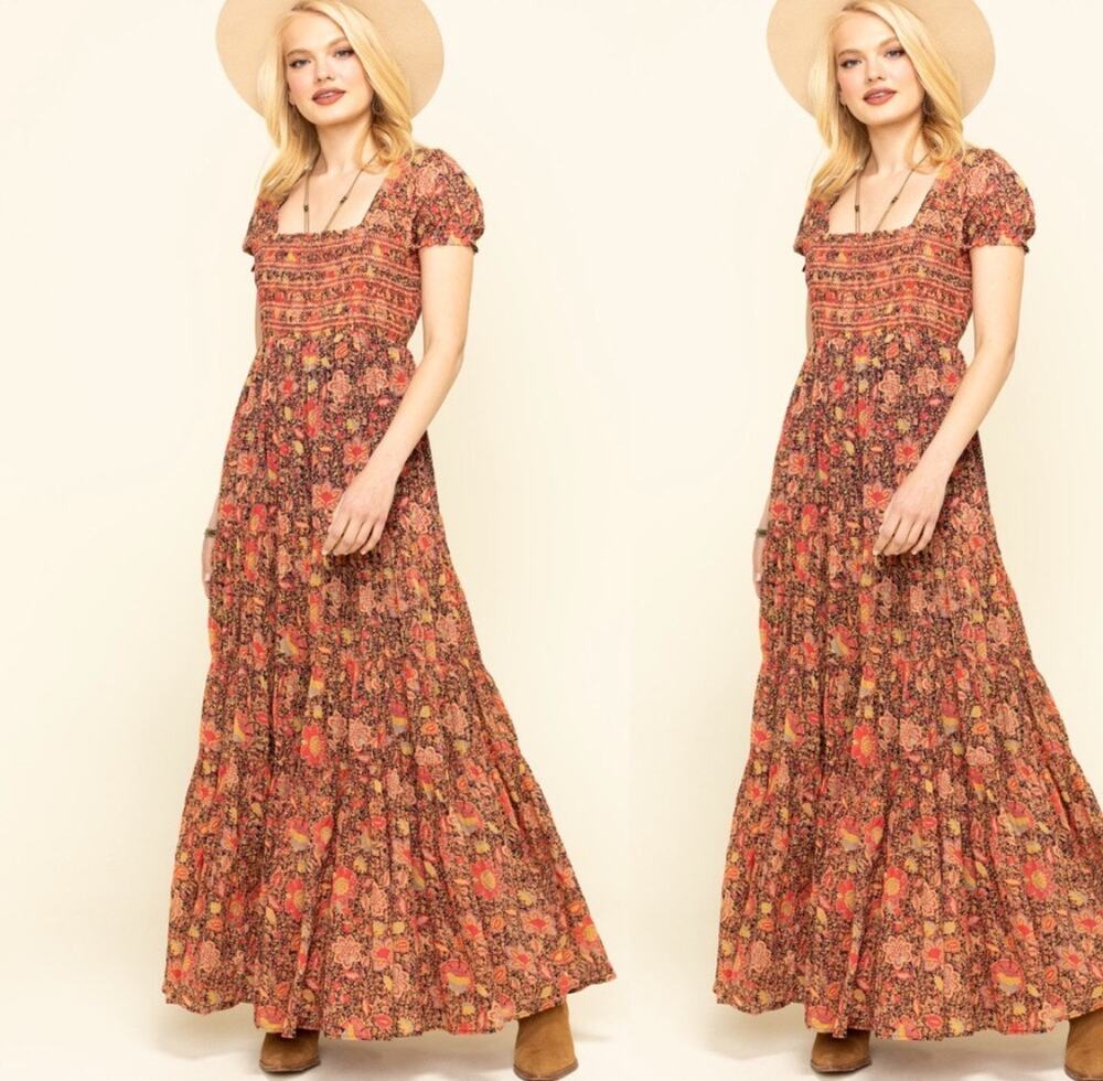 Free People Getaway Red Floral Print Pleated Tiered Maxi Dress Size Large